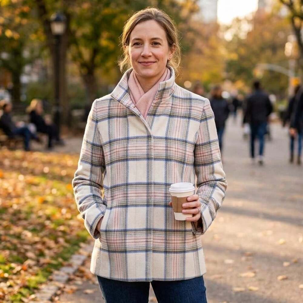 EUC LANDS' END Women's Wool Blend Pastels Pink/Blue Plaid Winter Jacket Coat 6